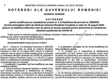 HG nr. 729/2020 – normele noi cu privire la deschiderea restaurantelor, cinematografelor, etc. (MO 797/2020)