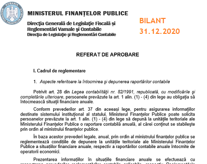 NOU – situații financiare anuale/raportări contabile anuale la 31.12.2020 (proiectul de ordin MFP a fost postat)