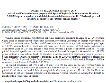 OPANAF nr. 4072/2020 – modificare nouă Declarație anuală impozit pe profit (D 101)