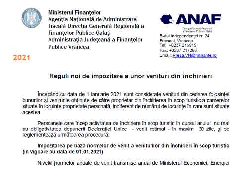 ANAF (oficial) – reguli noi de impozitare a unor venituri din închirieri, începând cu data de 01.01.2021
