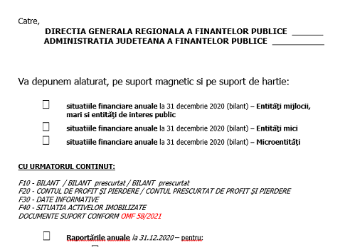 Adresă de înaintare, pentru depunere bilanț la 31.12.2020 (la ghișeu) – model orientativ, editabil, gratuit (2021)