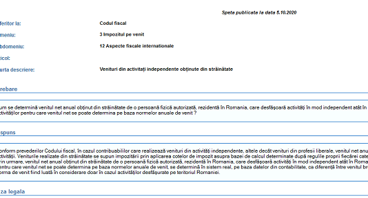 Venituri din activități independente obținute din străinătate – speță oficială ANAF (trim. 4 – 2020)