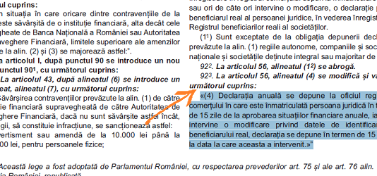 Legea nr. 101/2021 – declarația privind beneficiarul real se depune la ONRC în termen de 15 zile de la aprobarea situațiilor financiare anuale