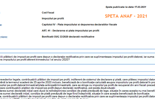 Bonificații OUG nr. 33/2020 declarații rectificative prin care se suplimentează impozitul pe profit datorat – speță