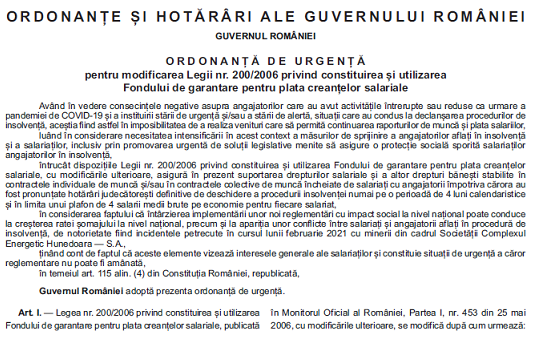 OUG nr. 53/2021 – modificări la constituirea si utilizarea Fondului de garantare pentru plata creanțelor salariale