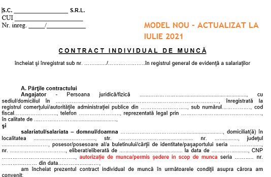 Contract Individual de Muncă (CIM) – model actualizat la iulie 2021, cu ultimele modificări (editabil, gratuit, recomandat)