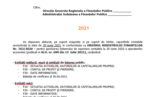 Adresă depunere/înaintare bilanț (raportare contabilă) la 30.06.2021 – model util pentru firme ce depun la ghișeu MFP/ANAF