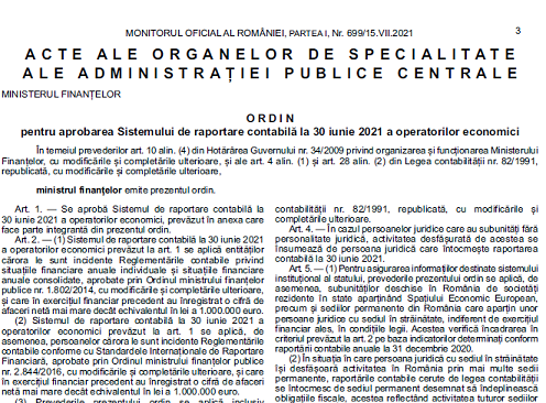 OMF nr. 763/2021 – aprobarea Sistemului de raportare contabilă la 30 iunie 2021 a operatorilor economici