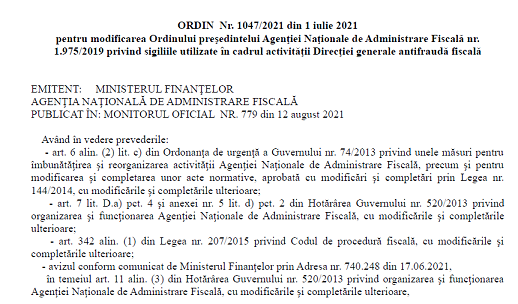 Sigilii Antifraudă ANAF – ce a adus nou OPANAF nr. 1047/2021 (info oficial – text integral)