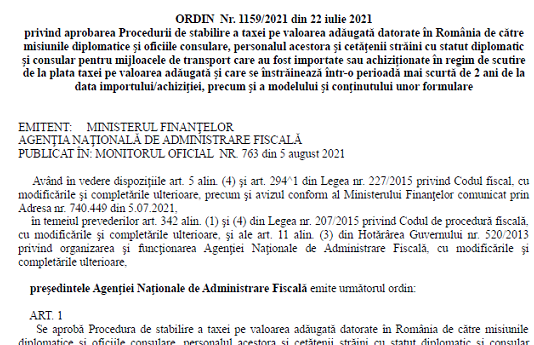 Procedura stabilire TVA pentru ambasade – ce a adus nou OPANAF nr. 1159/2021 (info oficial si text)