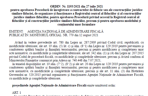 Procedură gestionare contracte de fiducie – ce a adus nou OPANAF nr. 1193/2021 (text integral, info oficial)
