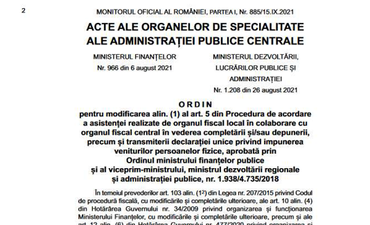 OMF nr. 966/2021 – modificare procedură asistență completare „Declarația Unică”