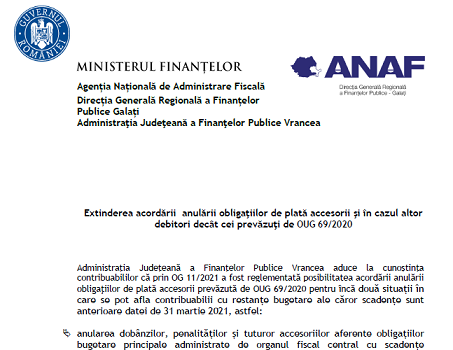 ANAF – extinderea acordării anulării obligațiilor de plată accesorii și în cazul altor debitori decât cei prevăzuți de OUG nr. 69/2020