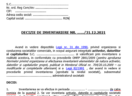 Decizie numire comisie pentru realizarea inventarierii anuale la 31.12.2021 – model editabil și gratuit