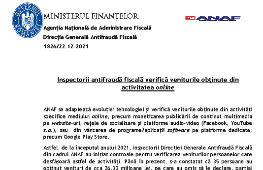 ANAF – inspectorii Antifraudă Fiscală verifică veniturile obținute din activitatea online (Facebook, YouTube, vânzarea de programe/aplicații software)