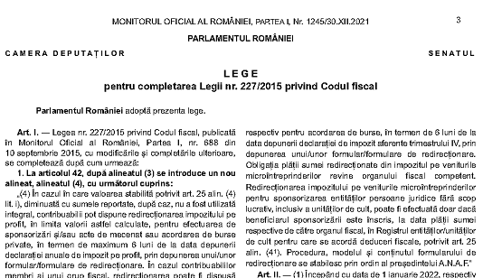 Legea nr. 322/2021 – pentru completarea Legii nr. 227/2015 privind Codul Fiscal