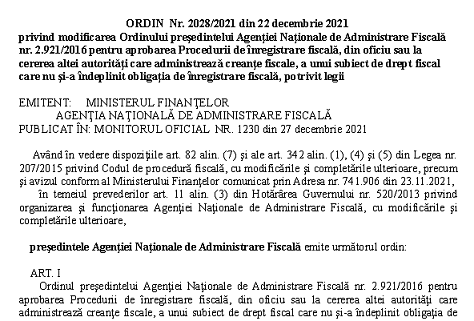 OPANAF nr. 2028/2021 – procedura înregistrare din oficiu (de către Direcția Generală Antifraudă Fiscală)