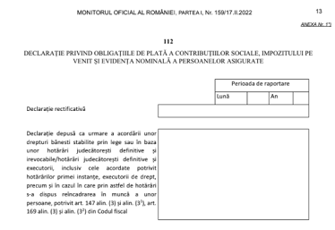 Care sunt modificările aduse Declarației 112 – de către OMF nr. 152/2022 (precizări oficiale)