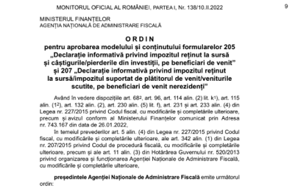 Ce modificări au fost aduse asupra formularelor 205 și 207 – de către OPANAF nr. 179/2022 (oficial)