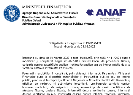 ANAF – obligativitate înregistrare în PATRIMVEN începând cu data de 01.03.2022 (autorit. și instit. publice, notari, OCPI)