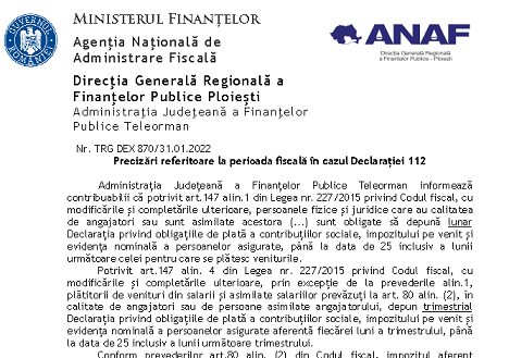 ANAF – precizări referitoare la perioada fiscală în cazul Declarației 112 (material 2022)
