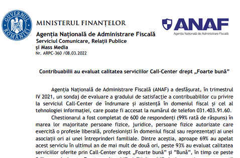 ANAF – contribuabilii au evaluat calitatea serviciilor Call-Center drept „Foarte bună”