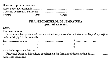 Fisa specimenelor de semnătură (Trezorerie MF/ANAF) – disponibilități operatori economici (Anexa 1.c)