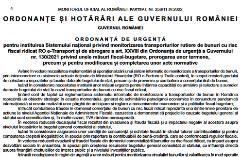 OUG nr. 41/2022 – sistemul național privind monitorizarea transporturilor rutiere de bunuri cu risc fiscal ridicat (RO e-Transport)
