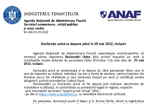 ANAF (avertizare) – Declarația Unică (F 212) se depune până la 25 mai 2022, inclusiv