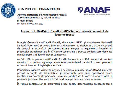 NEWS – inspectorii ANAF Antifraudă și ANSVSA controlează comerțul de legume-fructe