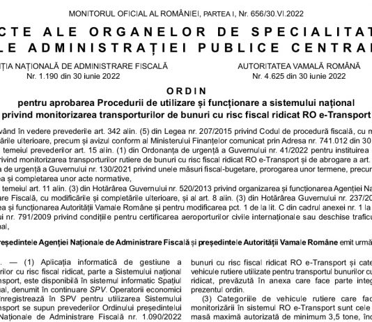 OPANAF nr. 1190/2022 – procedura utilizare și funcționare sistem RO e-Transport