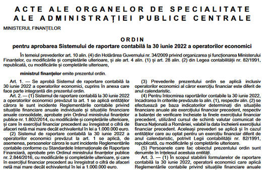 OMF nr. 1669/2022 – sistemul de raportare contabilă la 30 iunie 2022 a operatorilor economici (bilanț iunie 2022)
