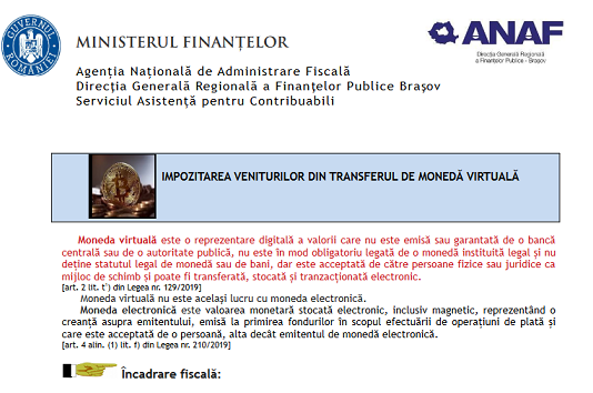ANAF (material oficial 2022) – impozitarea veniturilor din transferul de monedă virtuală