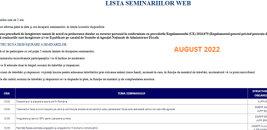 Lista SEMINARIILOR WEB ANAF – ce se vor desfășura in luna AUGUST a anului 2022 (SPV, chestionarul la plecare/la sosire, etc.)