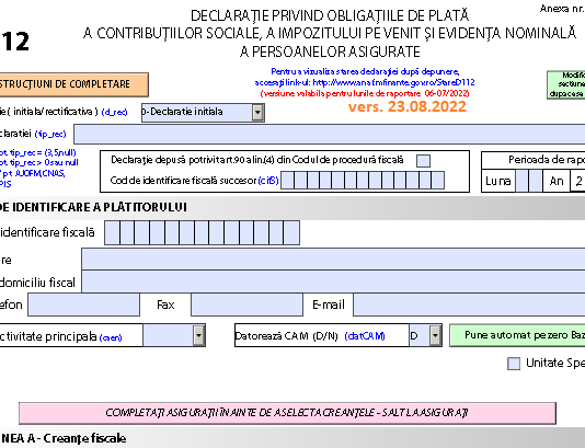 Declarația 112 (2022) – ANAF a actualizat ieri, 23.08.2022, PDF-ul inteligent oficial (corecție construcții – eliminare an precedent)