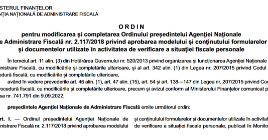 OPANAF nr. 1654/2022 – modificare OPANAF nr. 2117/2018 (formulare, documente – verificare situație fiscală personală)