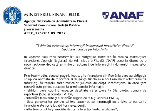 ANAF – secțiune nouă pe portalul oficial, schimbul automat de informații în domeniul impozitelor directe