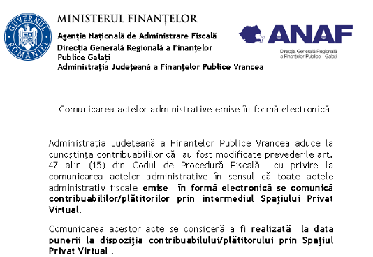 ANAF – comunicarea actelor administrative emise în formă electronică (SPV)