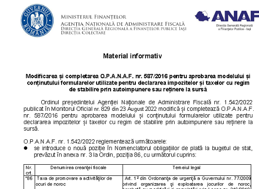 OPANAF nr. 1542/2022 – modificarea și completarea OPANAF nr. 587/2016 (info oficial ANAF)