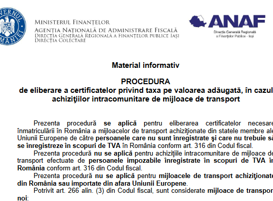 ANAF – procedura de eliberare a certificatelor privind TVA, în cazul achizițiilor intracomunitare de mijloace de transport