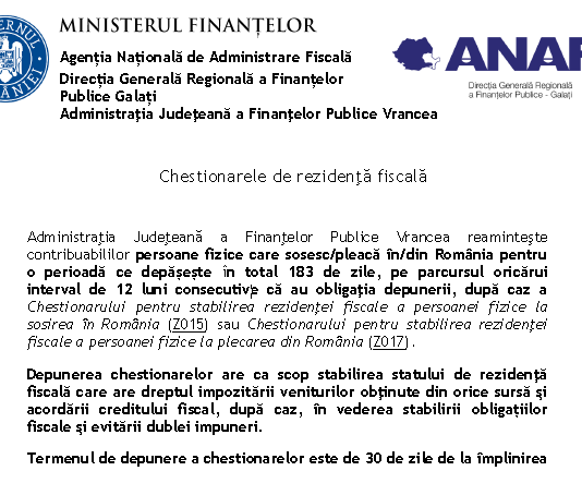 Chestionarele de rezidență fiscală (Z015 si Z017) – info ANAF (actualizat la septembrie 2022)