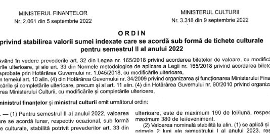 Indexare tichete culturale – care sunt modificările aduse de OMF nr. 2061/2022 (info oficial si text integral)