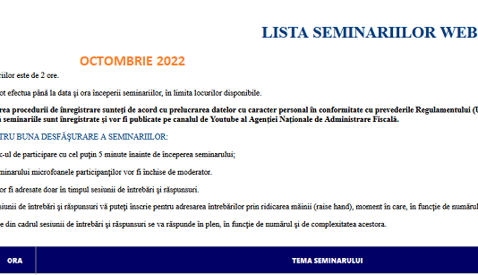 Lista SEMINARIILOR WEB ANAF – ce se vor desfășura in luna OCTOMBRIE a anului 2022 (TVA-OSS, venituri străinătate, etc.)