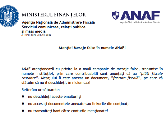 ATENȚIE – o nouă campanie de mesaje false în numele ANAF (oficial)