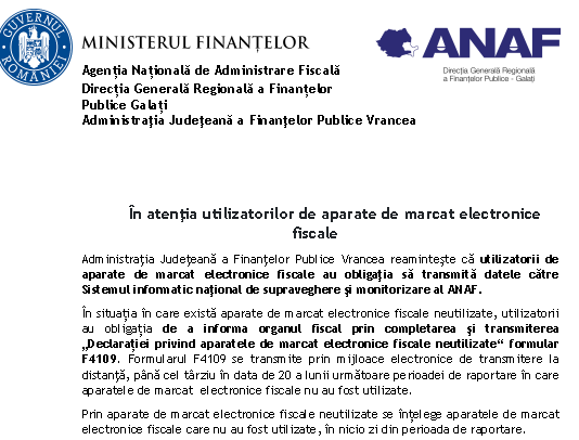 ANAF (oct. 2022) – obligația de a informa organul fiscal in situația în care există aparate de marcat electronice fiscale neutilizate