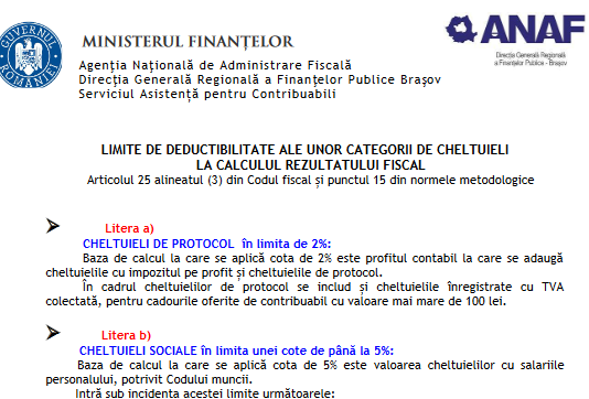 ANAF (oficial 2022) – limite de deductibilitate ale unor categorii de cheltuieli la calculul rezultatului fiscal