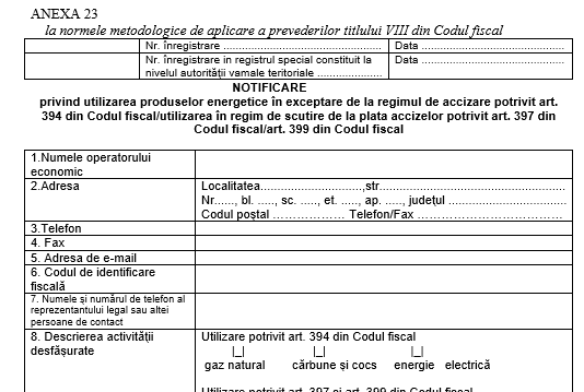 Anexa 23 (model) – formular/notificare pentru prosumatori (se depune la vamă pentru exceptare de la accizare)