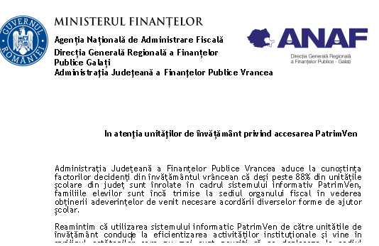ANAF – in atenția unităților de învățământ privind accesarea PatrimVen !
