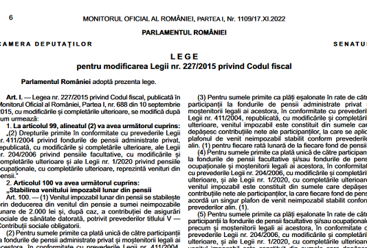 Legea nr. 309/2022 – pentru modificarea Legii nr. 227/2015 privind Codul Fiscal