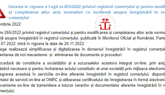 ONRC – intrarea în vigoare a Legii nr. 265/2022 privind registrul comerțului și pentru modificarea și completarea altor acte normative cu incidență asupra înregistrării în registrul comerțului